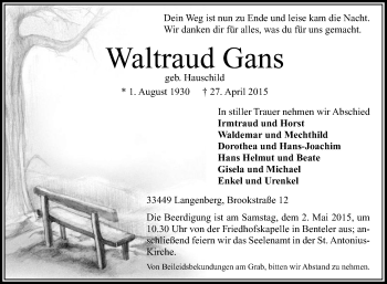 Traueranzeige von Waltraud Gans von Die Glocke