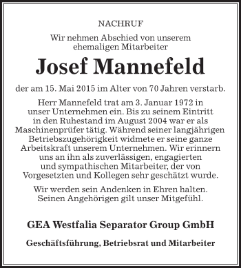 Traueranzeige von Josef Mannefeld von Die Glocke