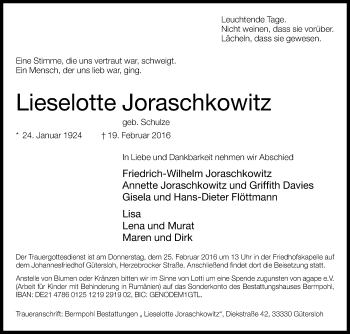 Traueranzeige von Lieselotte Joraschkowitz von Die Glocke
