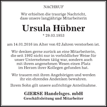 Traueranzeige von Ursula Hübner von Die Glocke