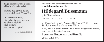 Traueranzeige von Hildegard Bussmann von Die Glocke