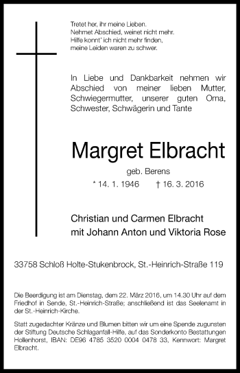 Traueranzeige von Margret Elbracht von Die Glocke