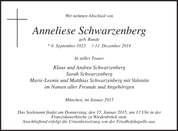 Traueranzeige von Anneliese Schwarzenberg von Die Glocke