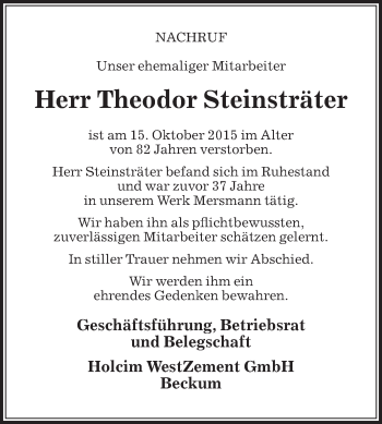 Traueranzeige von Theodor Steinsträter von Die Glocke