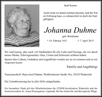 Traueranzeige von Johanna Duhme von Die Glocke
