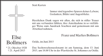 Traueranzeige von Else Bollmers von Die Glocke