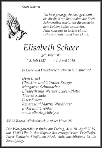 Traueranzeige von Elisabeth Scheer von Die Glocke