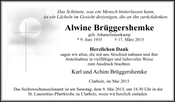Traueranzeige von Alwine Brüggershemke von Die Glocke
