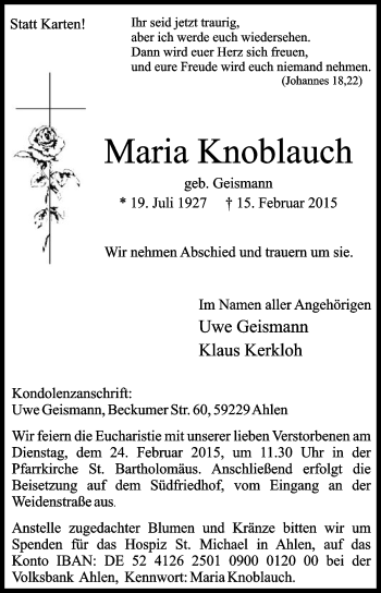 Traueranzeige von Maria Knoblauch von Die Glocke