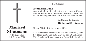Traueranzeige von Manfred Stratmann von Die Glocke