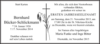 Traueranzeige von Bernhard Bücker-Schlickmann von Die Glocke
