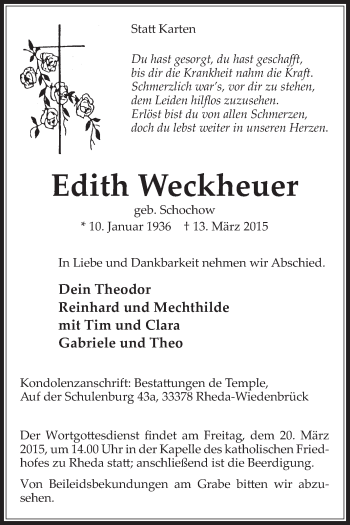 Traueranzeige von Edith Weckheuer von Die Glocke