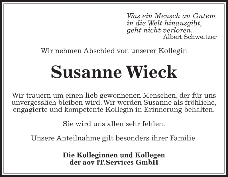  Traueranzeige für Susanne Wieck vom 05.11.2015 aus Die Glocke