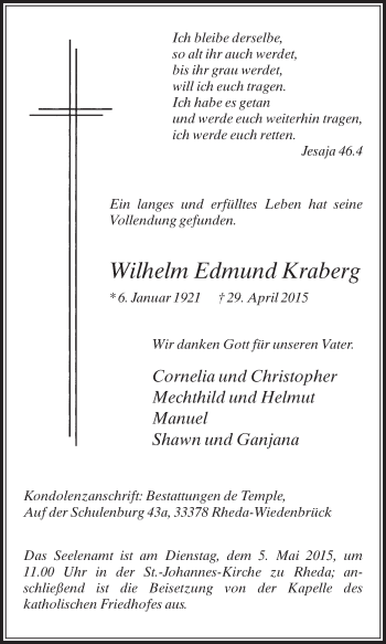 Traueranzeige von Wilhelm Edmund Kraberg von Die Glocke