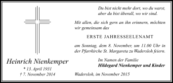 Traueranzeige von Heinrich Nienkemper von Die Glocke