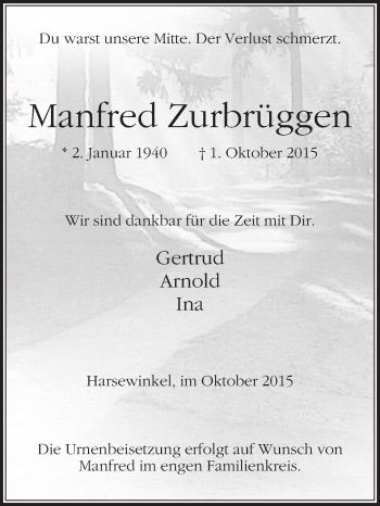 Traueranzeige von Manfred Zurbrüggen von Die Glocke