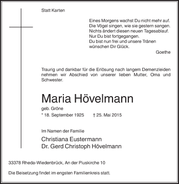 Traueranzeige von Maria Hövelmann von Die Glocke