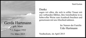 Traueranzeige von Gerda Hartmann von Die Glocke
