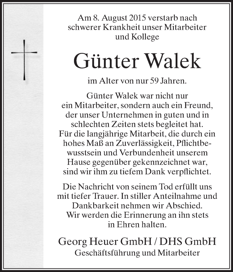  Traueranzeige für Günter Walek vom 15.08.2015 aus Die Glocke
