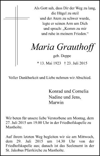 Traueranzeige von Maria Grauthoff von Die Glocke