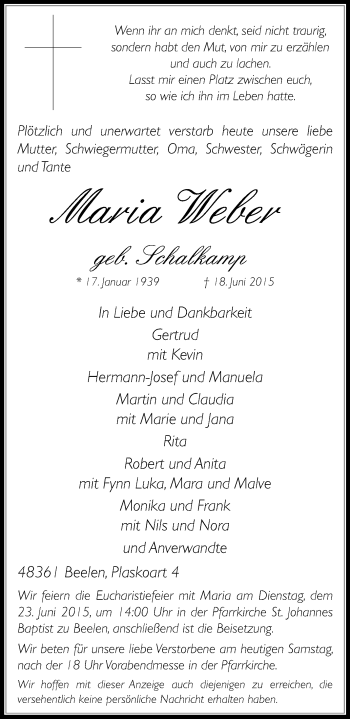 Traueranzeige von Maria Weber von Die Glocke