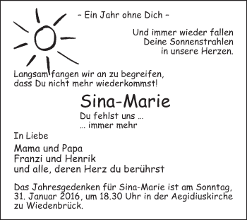 Traueranzeige von Sina-Marie  von Die Glocke