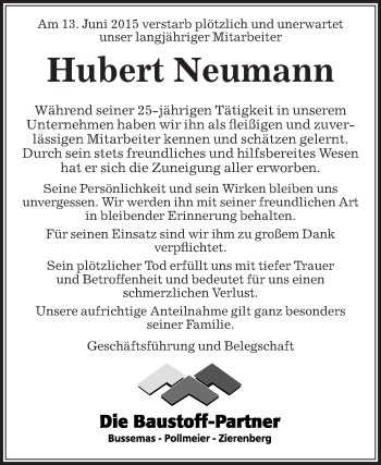 Traueranzeige von Hubert Neumann von Die Glocke