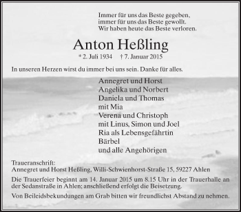 Traueranzeige von Anton Heßling von Die Glocke