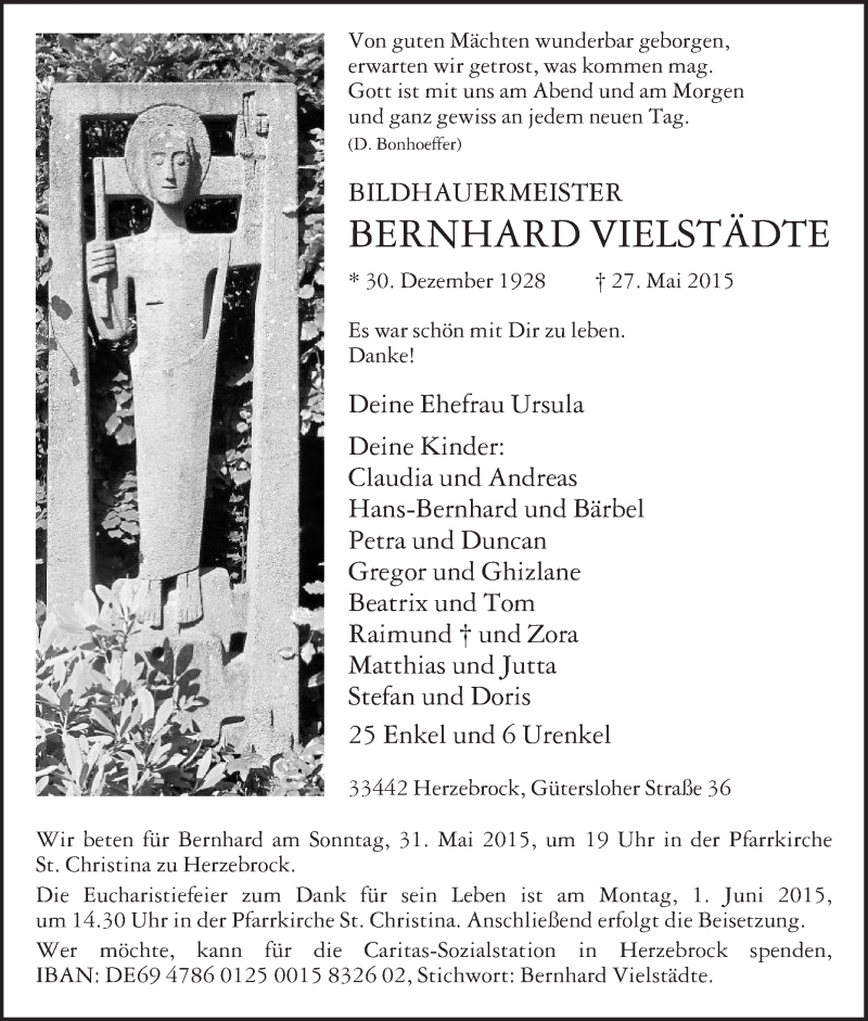  Traueranzeige für Bernhard Vielstädte vom 29.05.2015 aus Die Glocke