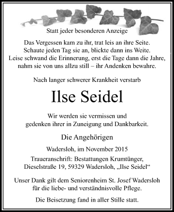 Traueranzeige von Ilse Seidel von Die Glocke