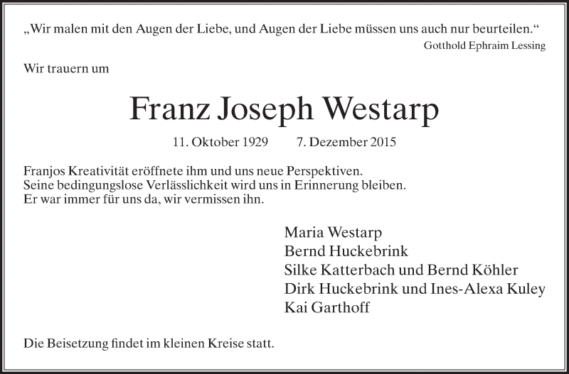  Traueranzeige für Franz Joseph Westarp vom 12.12.2015 aus Die Glocke