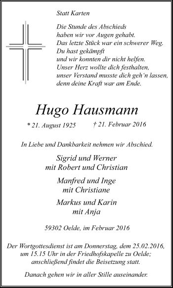 Traueranzeige von Hugo Hausmann von Die Glocke