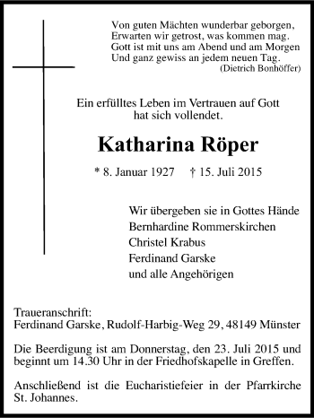 Traueranzeige von Katharina Röper von Die Glocke