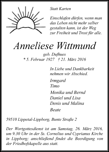 Traueranzeige von Anneliese Wittmund von Die Glocke