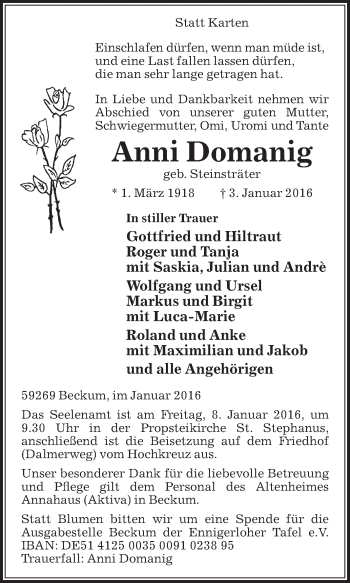 Traueranzeige von Anni Domanig von Die Glocke