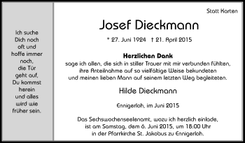 Traueranzeige von Josef Dieckmann von Die Glocke