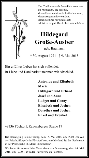 Traueranzeige von Hildegard Große-Ausber von Die Glocke
