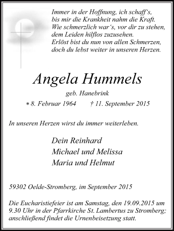 Traueranzeige von Angela Hummels von Die Glocke
