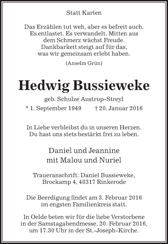  Traueranzeige für Hedwig Bussieweke vom 30.01.2016 aus Die Glocke