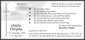 Traueranzeige von Ottilie Otzipka von Die Glocke