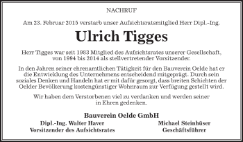 Traueranzeige von Ulrich Tigges von Die Glocke