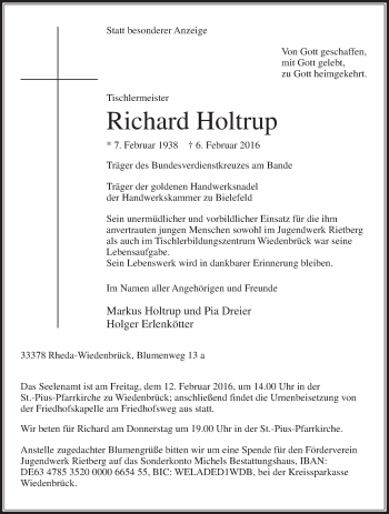Traueranzeige von Richard Holtrup von Die Glocke
