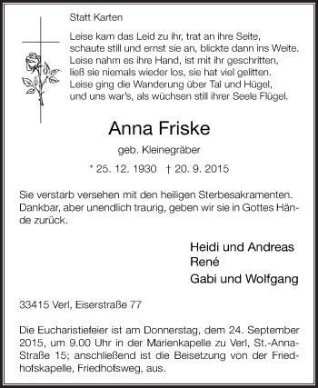 Traueranzeige von Anna Friske von Die Glocke