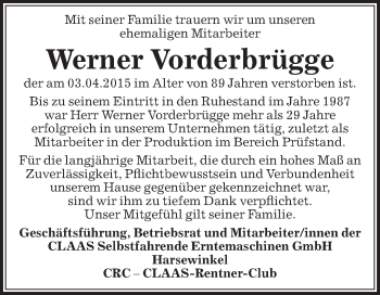 Traueranzeige von Werner Vorderbrügge von Die Glocke