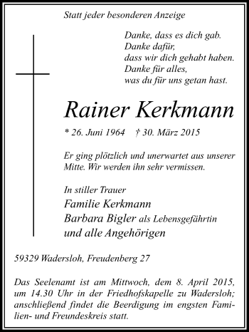Traueranzeige von Rainer Kerkmann von Die Glocke