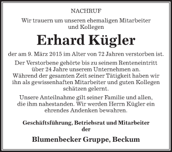Traueranzeige von Erhard Kügler von Die Glocke