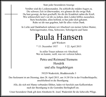 Traueranzeige von Paula Hansen von Die Glocke