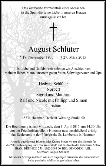Traueranzeige von August Schlüter von Die Glocke