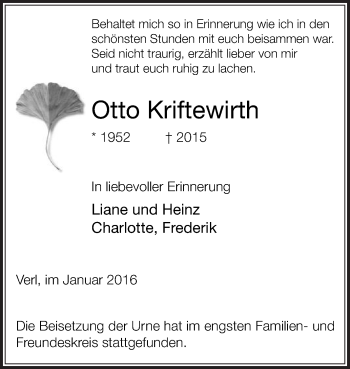 Traueranzeige von Otto Kriftewirth von Die Glocke