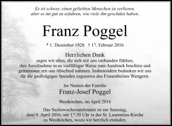 Traueranzeige von Franz Poggel von Die Glocke